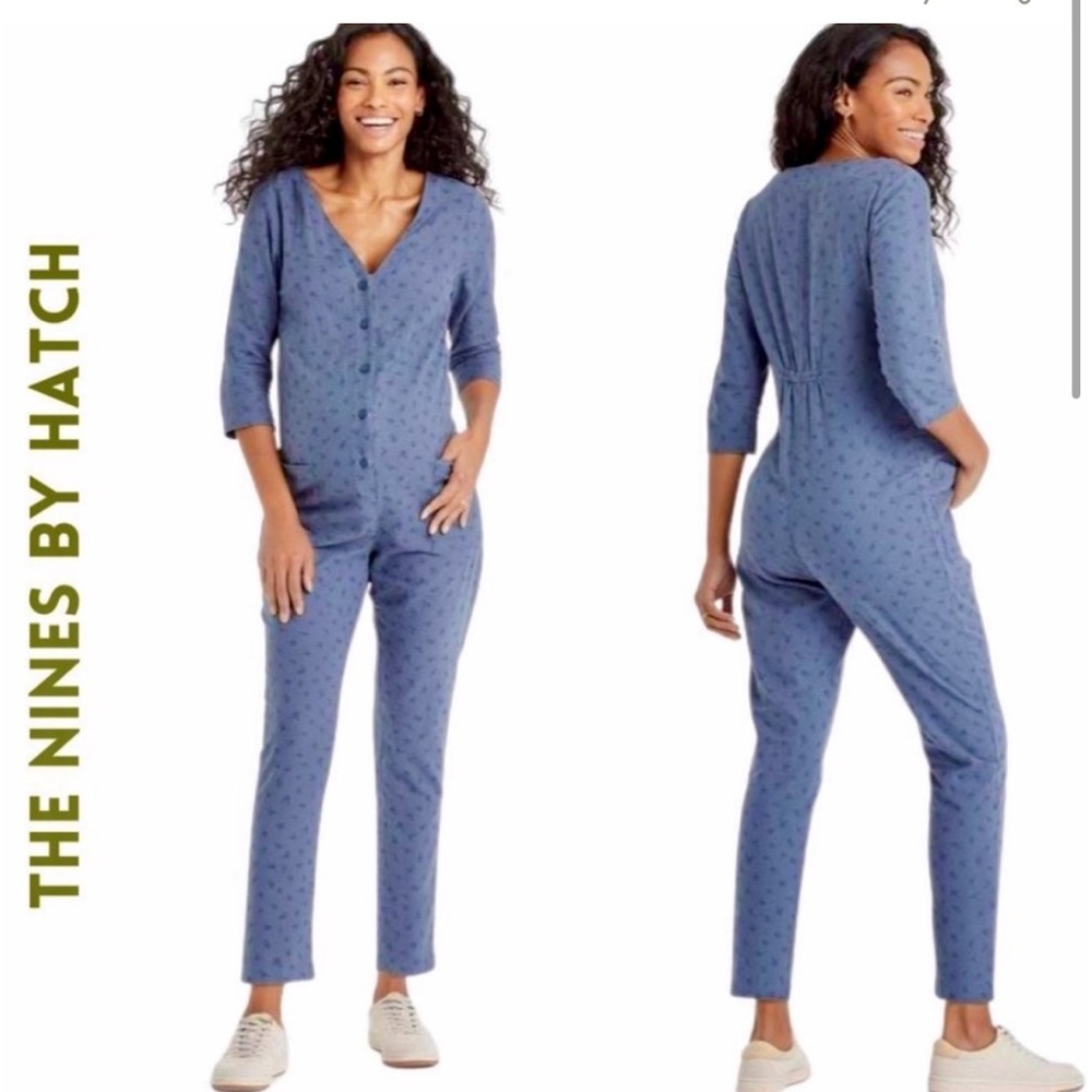 The Nines by HATCH Womens Button Front Maternity Jumpsuit Indigo Floral Medium